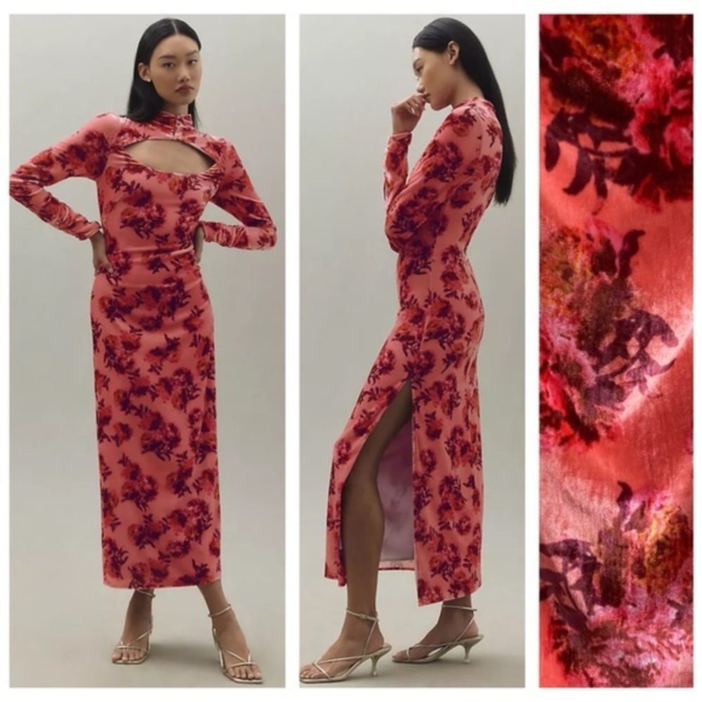 Anthropologie BHLDN Isabella Long Sleeve High Neck Cutout Velvet Maxi Dress L